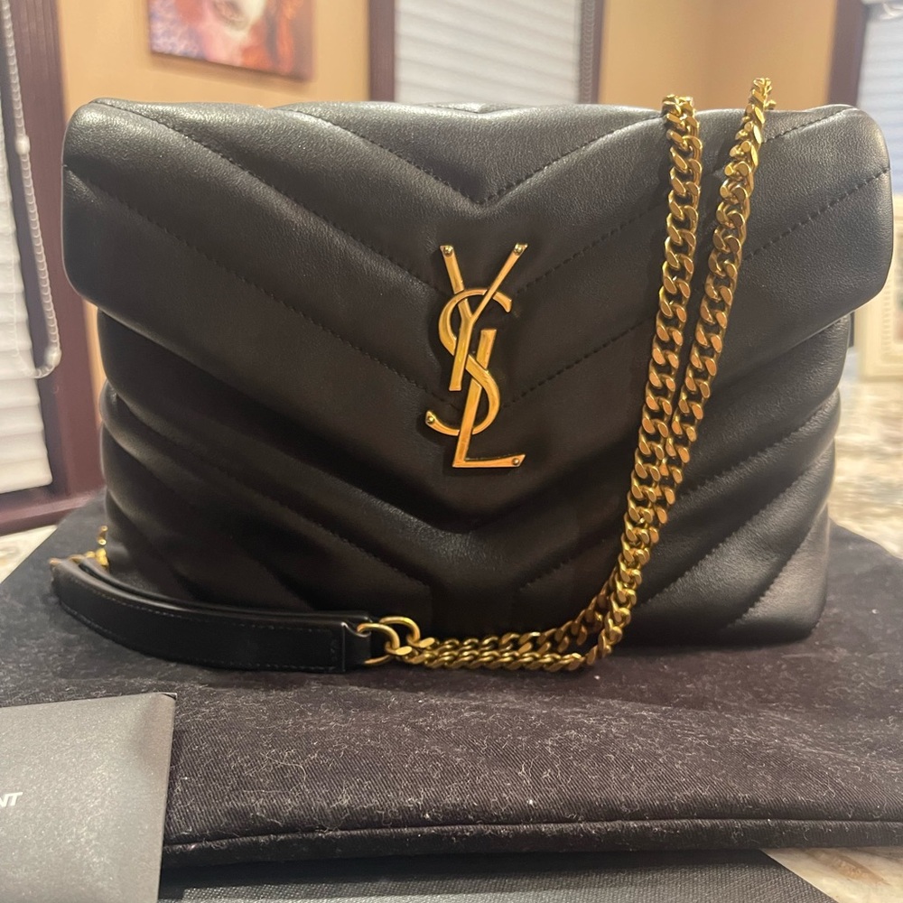 Saint Laurent Small Loulou Black Leather Bag with Gold Chain